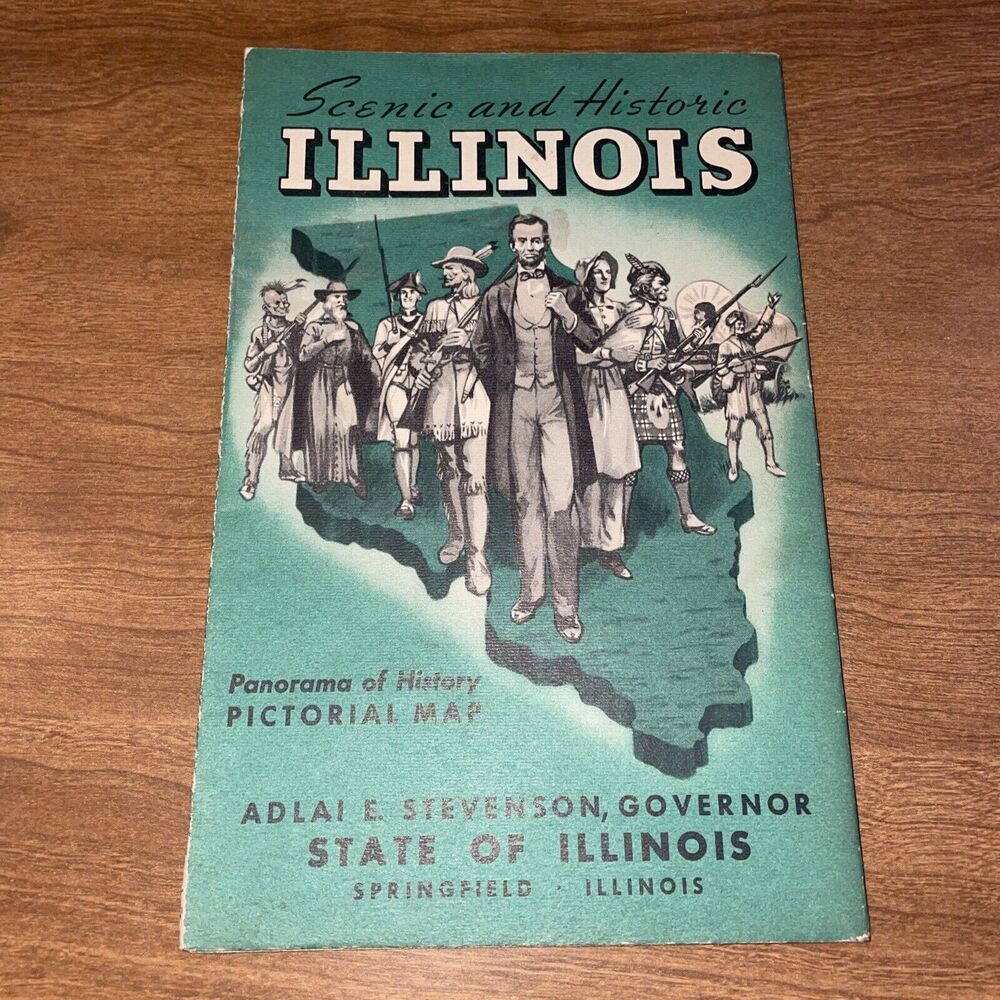 Vintage 1950s Travel Brochure Illinois Pictorial Map Adlai Stevenson
